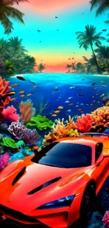 Orange sports car in tropical ocean scene.