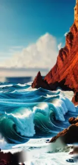 Vibrant blue waves crash against a red cliff.