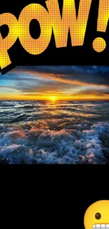 Vibrant ocean sunset with comic 'POW!' text and emoji.