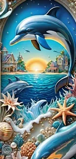Colorful ocean scene with dolphins and seashells