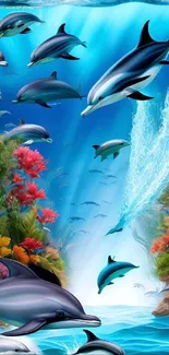 Artistic underwater scene with dolphins.