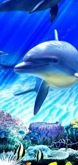 Playful dolphins swimming in a vibrant ocean scene with coral reefs.