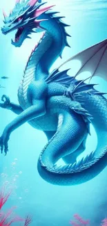 Vibrant dragon swimming underwater in a fantasy ocean scene.