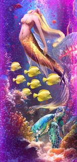 Vibrant fantasy wallpaper with mermaid and colorful fish underwater.