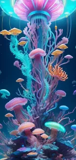 Fantasy ocean wallpaper with colorful coral and glowing jellyfish.