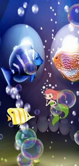 Colorful fish and mermaid with bubbles on an ocean fantasy wallpaper.