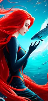 Fantasy ocean scene with a red-haired woman and fish, vibrant and colorful.