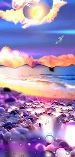 Vibrant fantasy ocean wallpaper with colorful sky and pebbles.