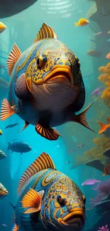 Colorful fish swim vividly in a vibrant ocean scene.