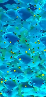 Colorful fish swim in a vibrant blue ocean background.