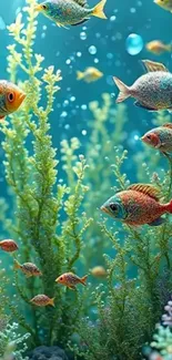 Vibrant underwater scene with colorful fish and seaweed.