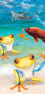 Colorful ocean scene with frogs, fish, and dolphin.