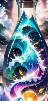 Vibrant ocean scene inside a glass bottle in artistic wallpaper.