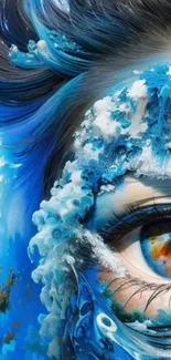 Abstract ocean-themed art with vivid blue waves encompassing an eye.