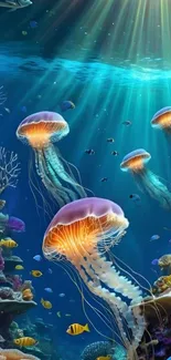 Colorful underwater jellyfish and coral wallpaper.