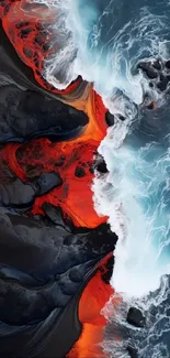 Aerial view of vibrant red lava meeting blue ocean waves.