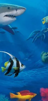 Vibrant ocean wallpaper featuring fish, turtles, and a shark in a blue sea scene.