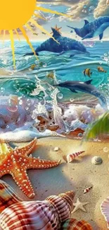 Vibrant ocean life wallpaper featuring dolphins and seashells on a sunny beach.