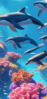 Colorful underwater scene with dolphins and corals.