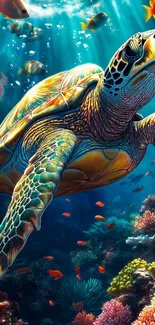 A vivid sea turtle swimming in a colorful underwater coral reef.