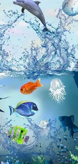 Vibrant ocean life wallpaper with dolphins and colorful fish underwater.