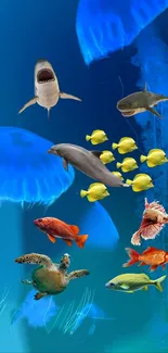 Colorful ocean life with fish, sharks, jellyfish, and turtles swimming underwater.