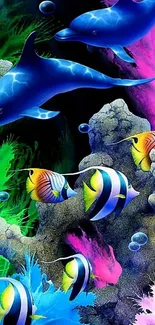 Colorful underwater scene with dolphins and tropical fish.