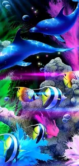 Colorful underwater scene with dolphins and fish.