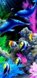 Vibrant dolphins and fish in colorful ocean scene.