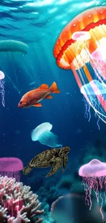 Colorful underwater scene with jellyfish, turtle, and fish.