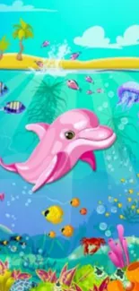 Colorful underwater scene with pink dolphin.