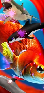 Dynamic ocean life wallpaper with vibrant red fish and marine animals.