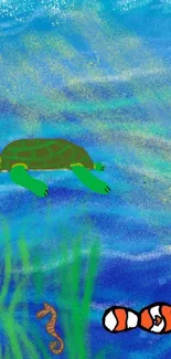 Colorful ocean wallpaper with turtle and marine life.