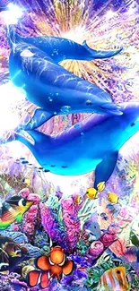 Vibrant underwater wallpaper with dolphins and colorful coral.