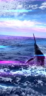 A marlin leaps from the vibrant blue ocean under a colorful sky.