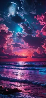 Vibrant ocean scene under dreamy moonlight.