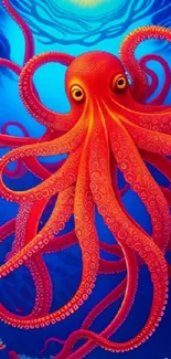 Vibrant red octopus in a blue ocean background with coral.