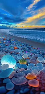 Colorful pebbles on the beach at sunset with a vibrant ocean view.