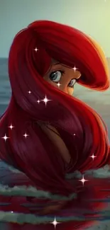 Red-haired character in ocean fantasy wallpaper.