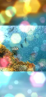 Vibrant ocean scene with coral and fish in blue waters.