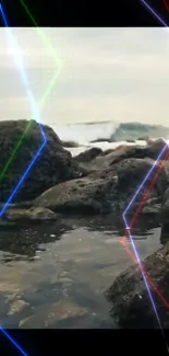 Ocean rocks with colorful light streaks.