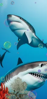 A vibrant underwater view with sharks, coral, and bubbles in a blue ocean setting.