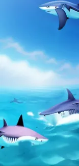 Vibrant ocean scene featuring sharks swimming in clear blue ocean water.