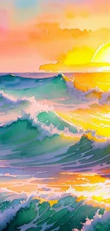 Watercolor ocean waves at sunset with vibrant colors.