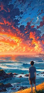 Person overlooking vibrant sunset ocean scene.