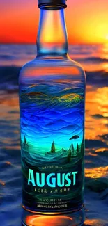 Colorful sunset reflecting on a decorative bottle by the ocean.