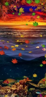 Vibrant sunset over ocean with autumn leaves and marine life.