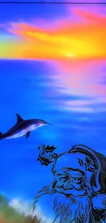 Colorful ocean sunset with dolphin and Santa Claus illustration.