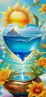 Heart-shaped ocean scene with vibrant flowers and sun.