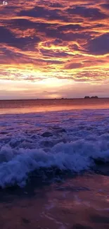 Vibrant ocean sunset with colorful sky and waves.